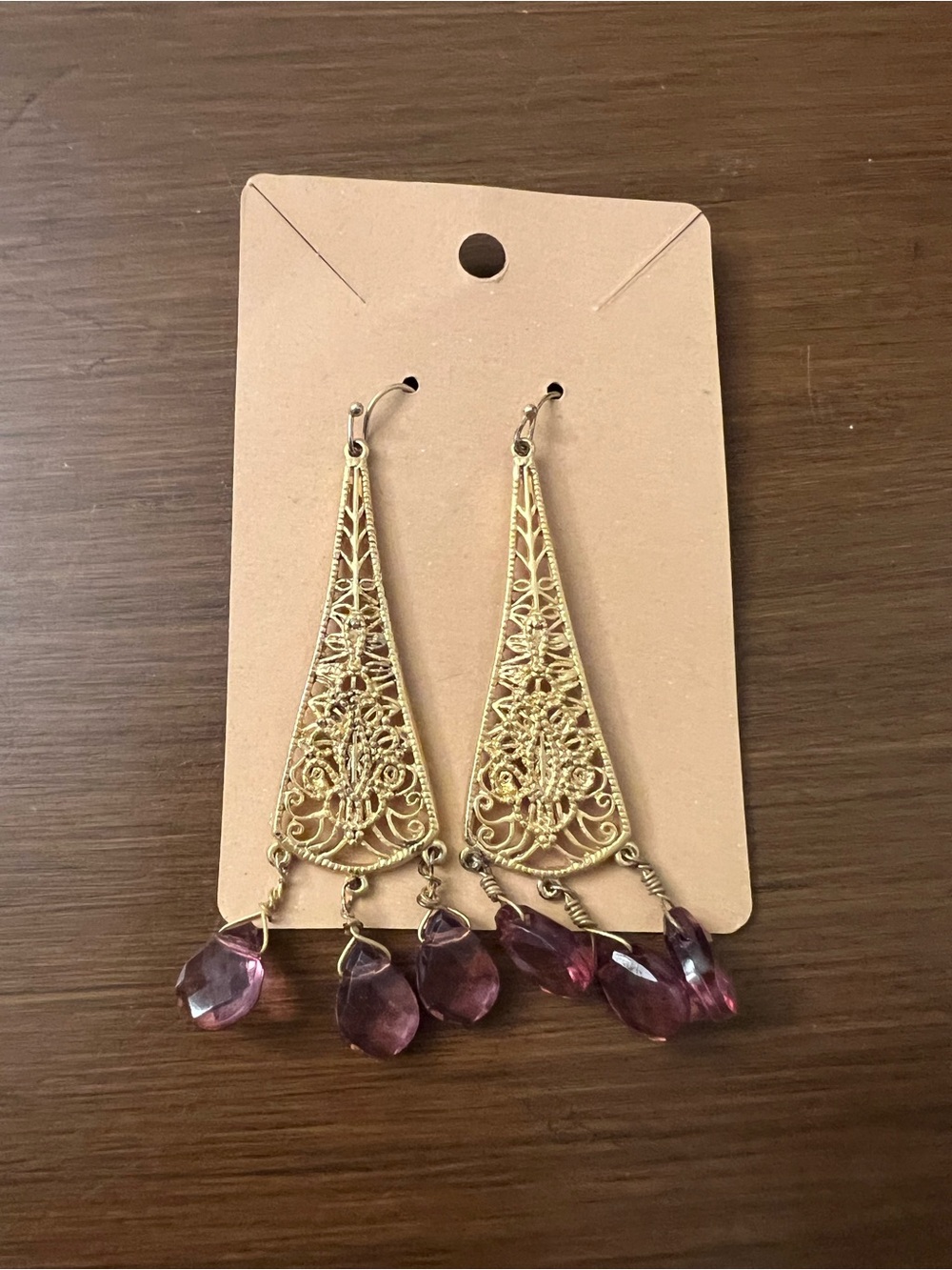 Gold Filigree Teardrop Earrings with Purple Crystal Drops - Women Jewelry